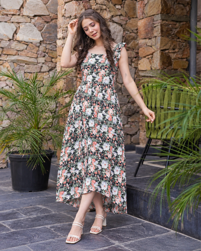 Midnight Blossom Tiered Dress