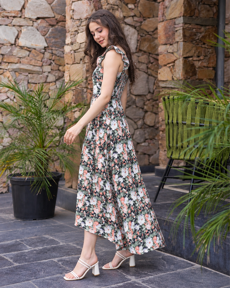 Midnight Blossom Tiered Dress