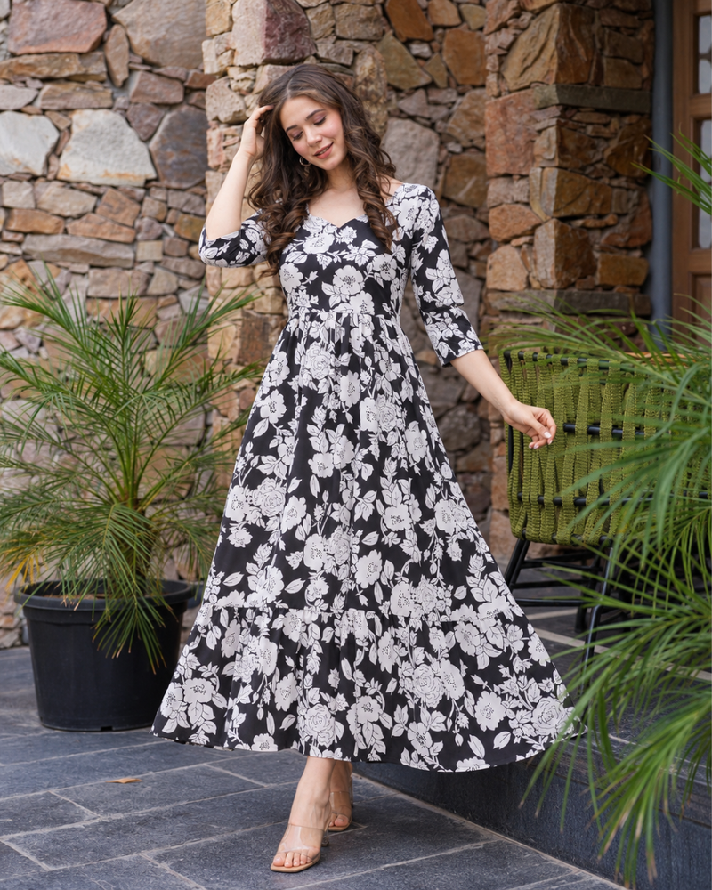 Monochrome Dahlia Flared Dress