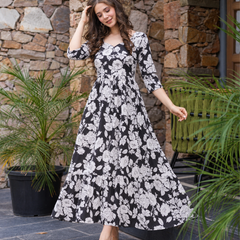 Monochrome Dahlia Flared Dress