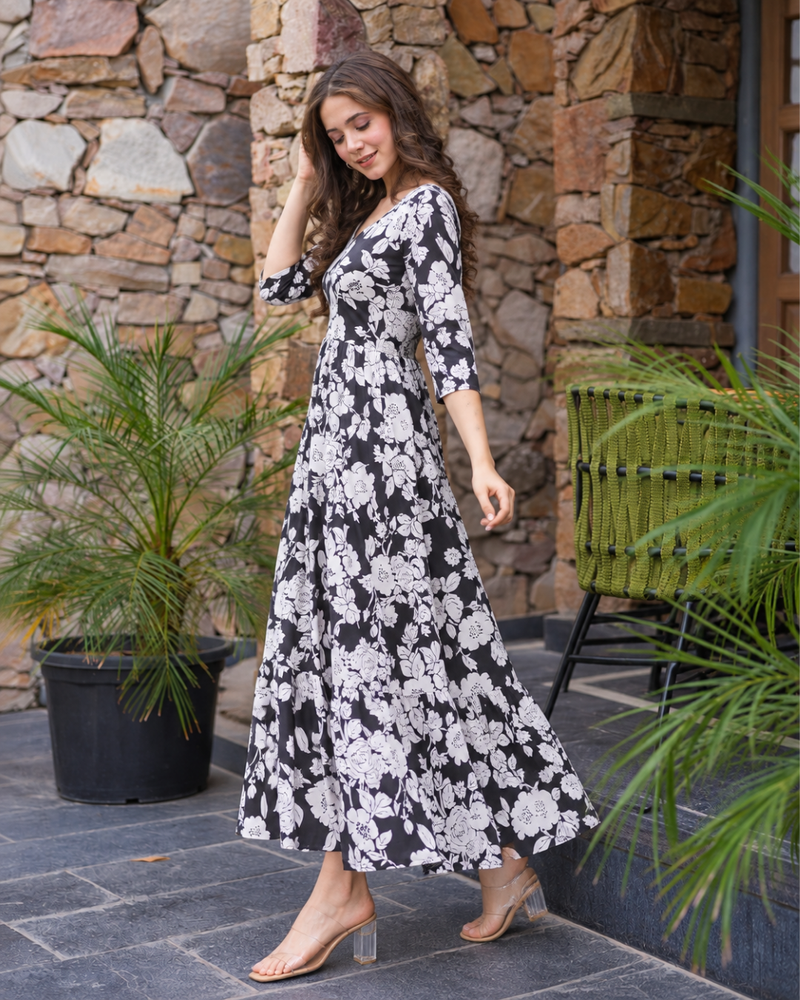 Monochrome Dahlia Flared Dress