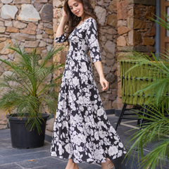 Monochrome Dahlia Flared Dress