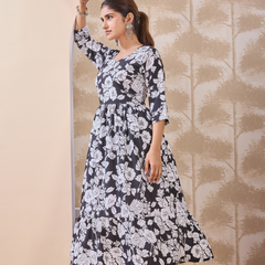 Monochrome Dahlia Flared Dress