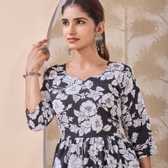 Monochrome Dahlia Flared Dress