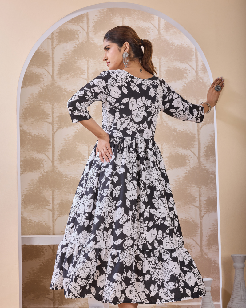 Monochrome Dahlia Flared Dress